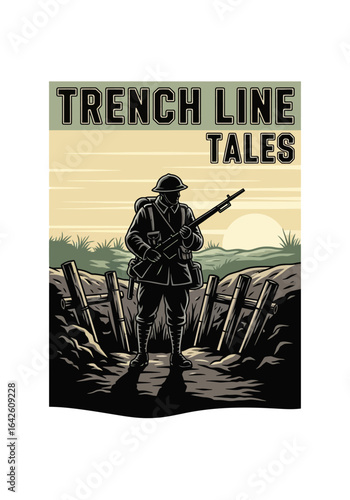 Historical soldier in a trench line, a vector graphic for a screen printing t-shirt design. (weruwonk 84)