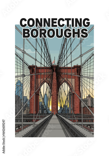 A 'Connecting Boroughs' Brooklyn Bridge graphic illustration, a vector design perfect for t-shirt screen printing.