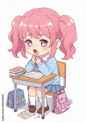 Anime Girl Studying at Desk with Books and Backpacks