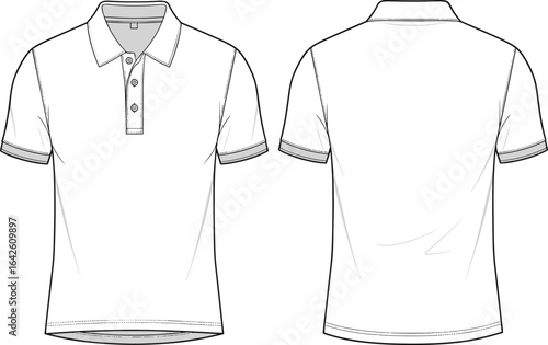 Polo shirt flat sketch front and back, buttoned collar, short sleeve design, technical fashion CAD drawing, vector apparel design illustration