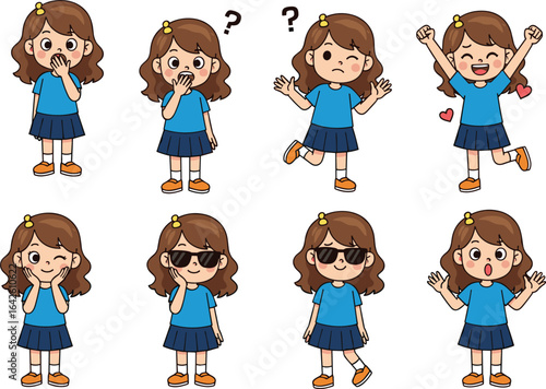Cute cartoon girl character with different facial expressions, emotions, poses, happy, sad, surprised, confused, winking, isolated vector illustration set