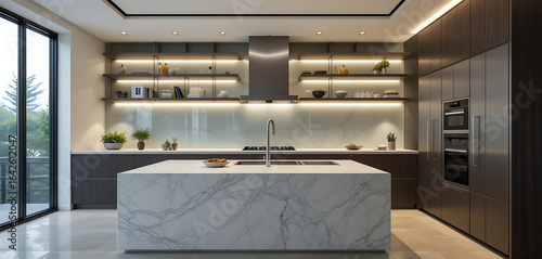 Modern Luxury Kitchen Room with Glass Backsplash, Floating Shelves, and Integrated Lighting.

