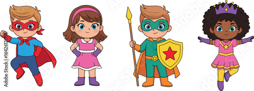 Cute cartoon superhero kids in colorful costumes, smiling boys and girls with masks, capes, crown, shield, vector illustration for children