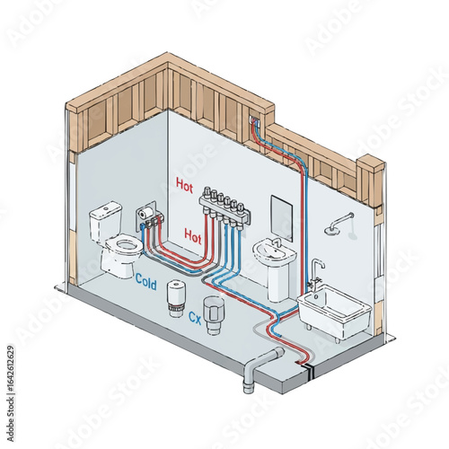 An isometric diagram meticulously details the hot and cold water plumbing system within a modern bathroom, connecting pipes to essential fixtures and a central manifold.