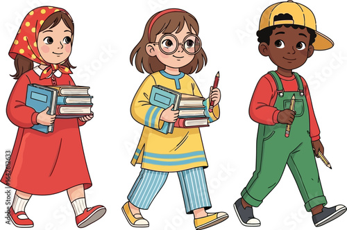 Cartoon children walking to school with books back to school illustration