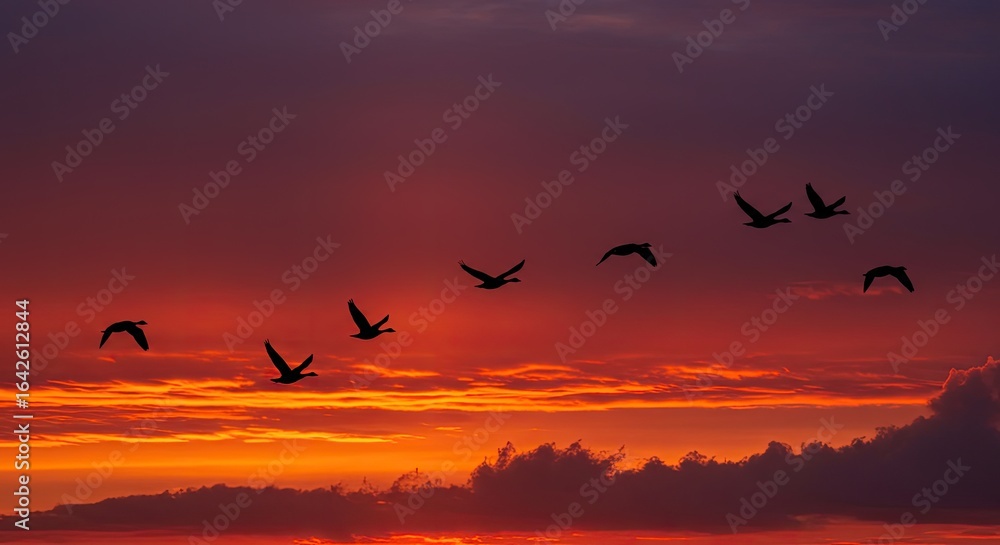 Obraz premium Fiery Sunset Silhouette: Geese in Flight Against a Dramatic Sky