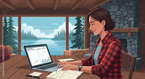 Remote work lifestyle, woman working from a lakeside cabin with a laptop
