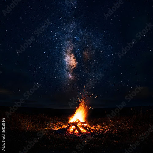 Crackling bonfire casting warm glow across dark field, sparkling embers rising beneath starry milky way backdrop on clear night