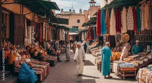 Vibrant Moroccan marketplace with vendors, stalls, and colorful merchandise