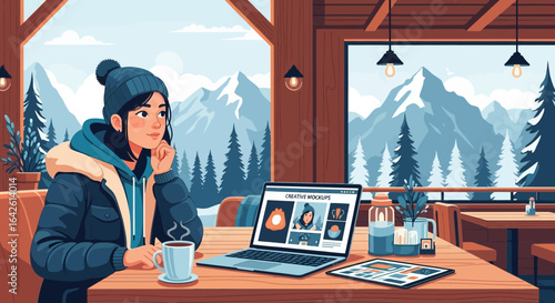 Contemplative woman working remotely in a cozy cabin surrounded by winter mountains