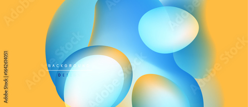 Abstract fluid shapes overlap, creating vibrant color blends. Yellow background complements blue, turquoise hues. Modern design element.