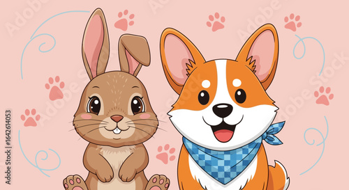 Vector art of cute cartoon illustration of a happy corgi puppy and a fluffy bunny rabbit sitting together, best friends, with paw prints and swirls on a pink background