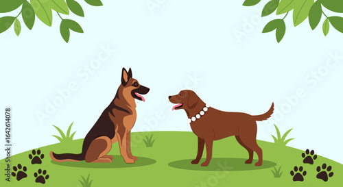 Vector art of two dogs, a german shepherd and a labrador, sitting and standing on green grass with paw prints and leaves, representing companionship and friendship