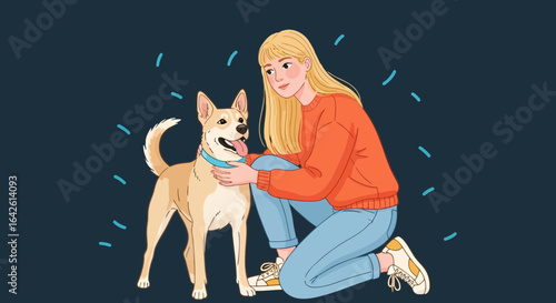 Vector art of a young woman affectionately petting her happy dog, showcasing the loving bond and companionship between humans and their pets
