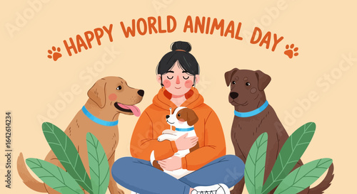 Vector art of happy world animal day a woman cherishes her beloved dogs, surrounded by lush greenery, celebrating the special bond between humans and animals