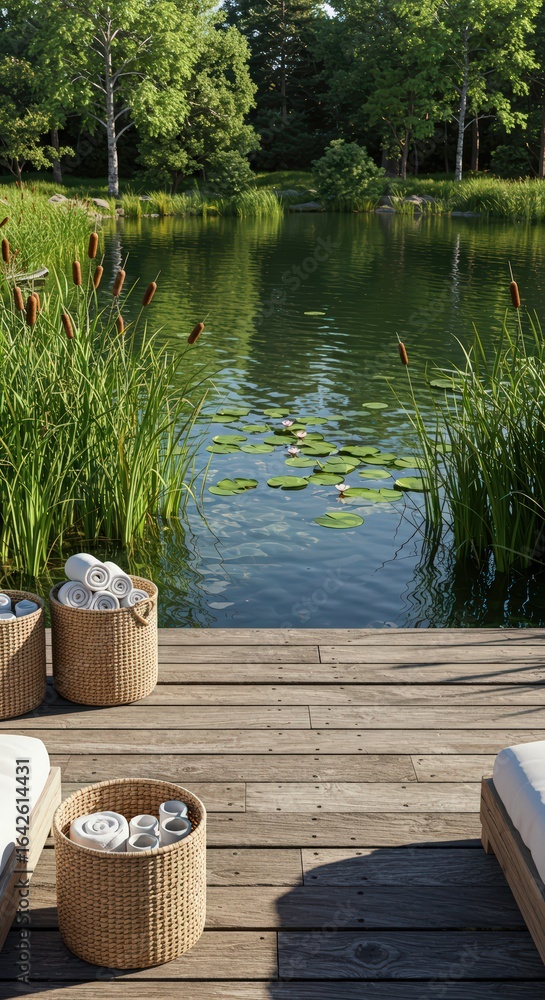 Fototapeta premium Tranquil pond view from wooden deck with towels in baskets and lush green trees in the background