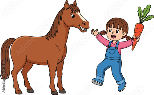 Happy cartoon girl feeding horse with carrot, cute farm animal illustration, smiling child in overalls, playful countryside pet care scene