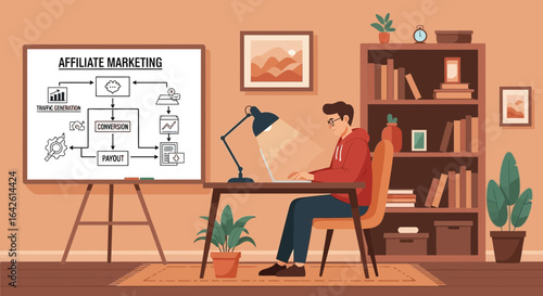 Illustration of a Man Working on Affiliate Marketing in a Cozy Home Office