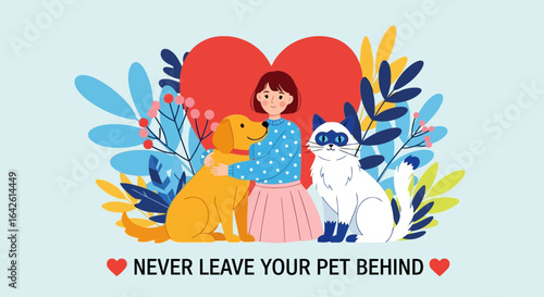 Vector art of a girl hugs her dog and cat in front of a large red heart and colorful foliage, symbolizing the strong bond between pets and their owners