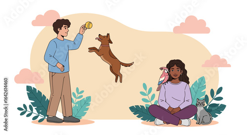 Vector art of a man plays with a dog, while a woman sits with a cat and a bird, surrounded by plants, illustrating pet companionship and joyful activities