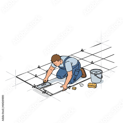 An illustration depicts a tradesman kneeling on a tiled floor, carefully installing new tiles with a trowel and leveling clips in a home improvement project.