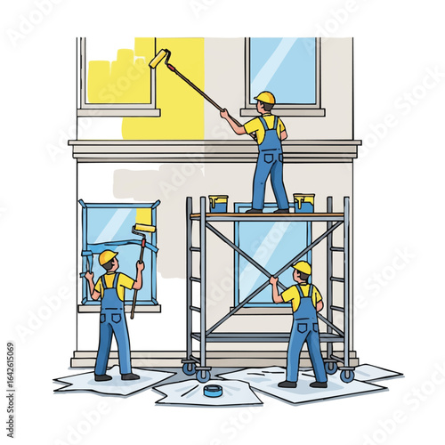 Three construction workers in blue overalls paint the exterior of a building with yellow paint using rollers and scaffolding.