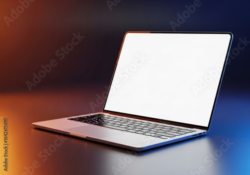 Open silver laptop with a blank screen on an office desk