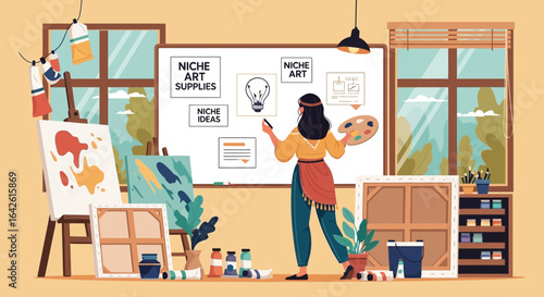 Conceptual artist generating niche art ideas inside a brightly lit creative studio