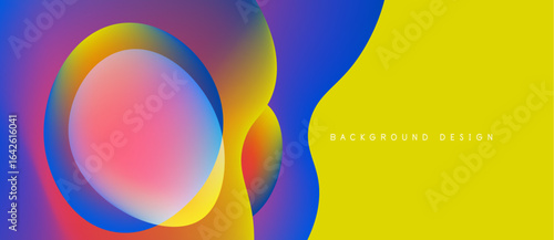 Abstract colorful shapes overlap. Vibrant gradients create dynamic visual effect. Yellow section contrasts blue, pink hues. Modern design element.