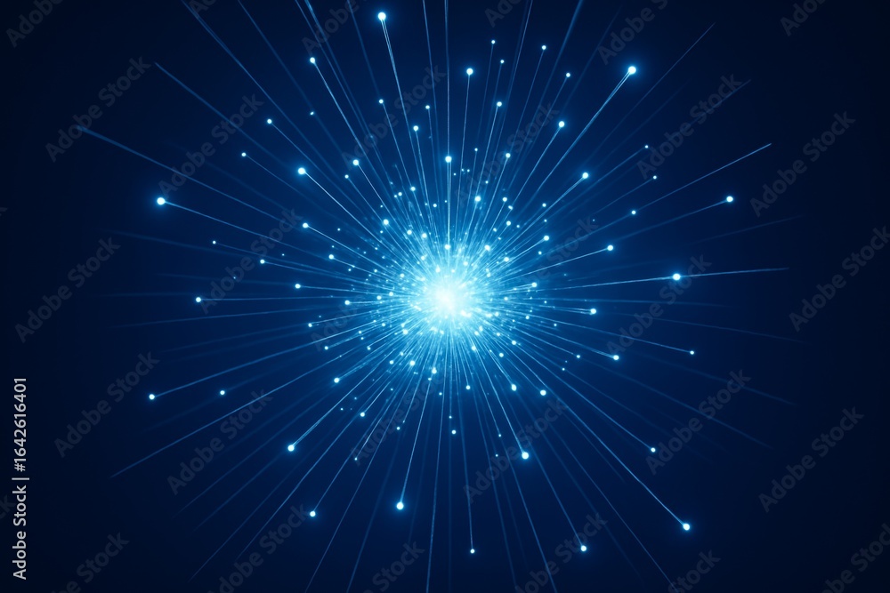 Naklejka premium Abstract radial burst of glowing blue light beams forming a dynamic starburst pattern on a dark background, symbolizing energy and data flow. Ai generative