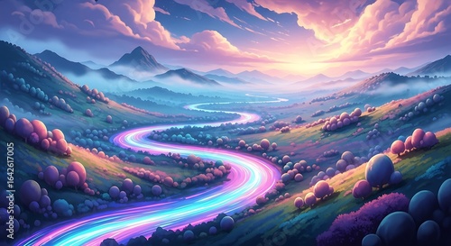 Wallpaper Mural Fantasy river flowing through hills with vibrant trees under a pastel sky Torontodigital.ca