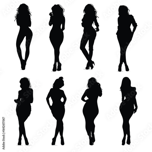 vector illustration of curvy woman silhouette set, Black & White silhouette set