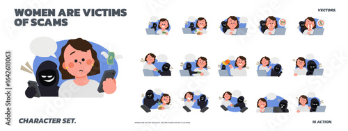 Woman Victims of Online Scams – Vector Character Set with 16 Action Scenes 01