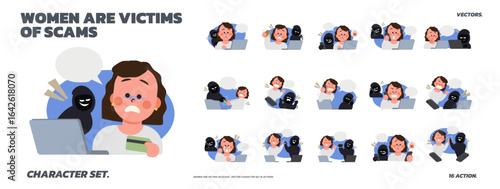 Woman Victims of Online Scams – Vector Character Set with 16 Action Scenes 02