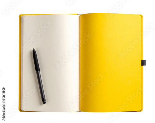 Yellow Notebook with Open Pages and Pen Across Center, Flat Lay