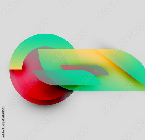 Abstract colorful shapes overlap. Gradients blend red, green, yellow creating dynamic visual effect. Modern design element.