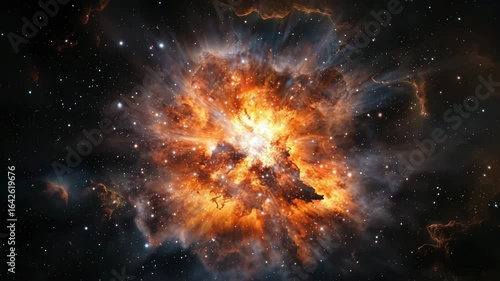 Exploding star nebula bright with fiery light radiating deep space surrounded by cosmic dust glowing gas clouds and distant stars creating dramatic