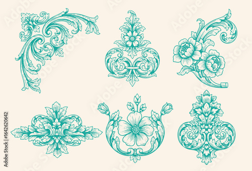 Vintage Baroque Victorian frame border flower pattern vector floral engraved scroll ornament leaf retro decorative design tattoo black and white filigree calligraphic heraldic shield swirl