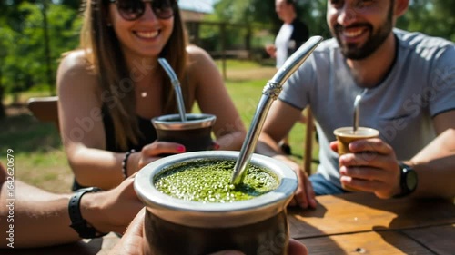 Friends Enjoying Refreshing Mate Drinks Outdoors