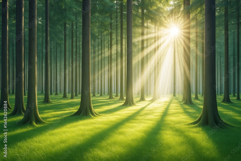Obraz premium Sunlight streaming through tall forest trees casting long shadows on green grass in peaceful natural landscape background. Ai generative.