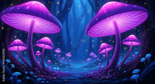 A mystical path winds through a dark forest of giant, glowing purple mushrooms under a magical, neon-lit night.