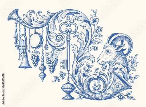 Intricate vintage ornament featuring musical instruments, skull, animal head, floral motifs, keys, grapes, and decorative scrollwork.