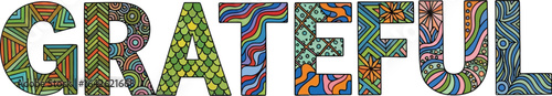 Grateful word art colorful patterns gratitude thankful design