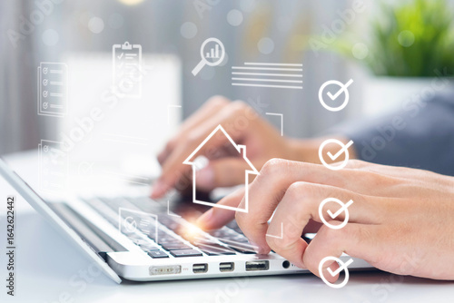 Businessman approving digital property documents, managing real estate reviews, customer ratings, and online feedback to improve service quality and boost real estate profitability.