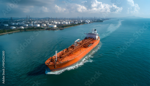 Aerial view Oil and Gas tanker ship LPG tanker ship transportation oil and gas from refinery on sea, Oil and Gas tanker ship global business logistic refinery transportation petroleum petrochemical,