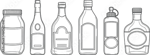 Outline drawing of assorted bottles and jars for food items