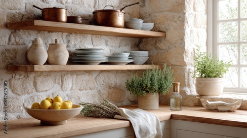 Wallpaper Mural Rustic kitchen with wooden shelves displaying cookware, herbs, and fruit in a cozy home Torontodigital.ca