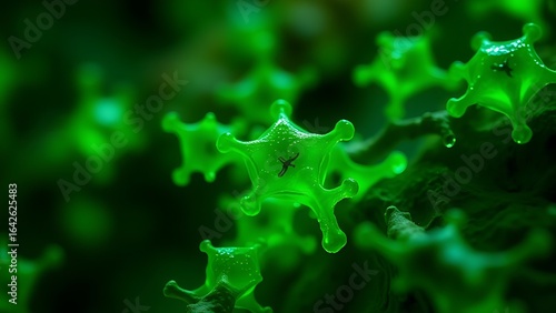 Microscopic view of green tea molecules activating cellular cleanup of neural debris, health-focused imagery.