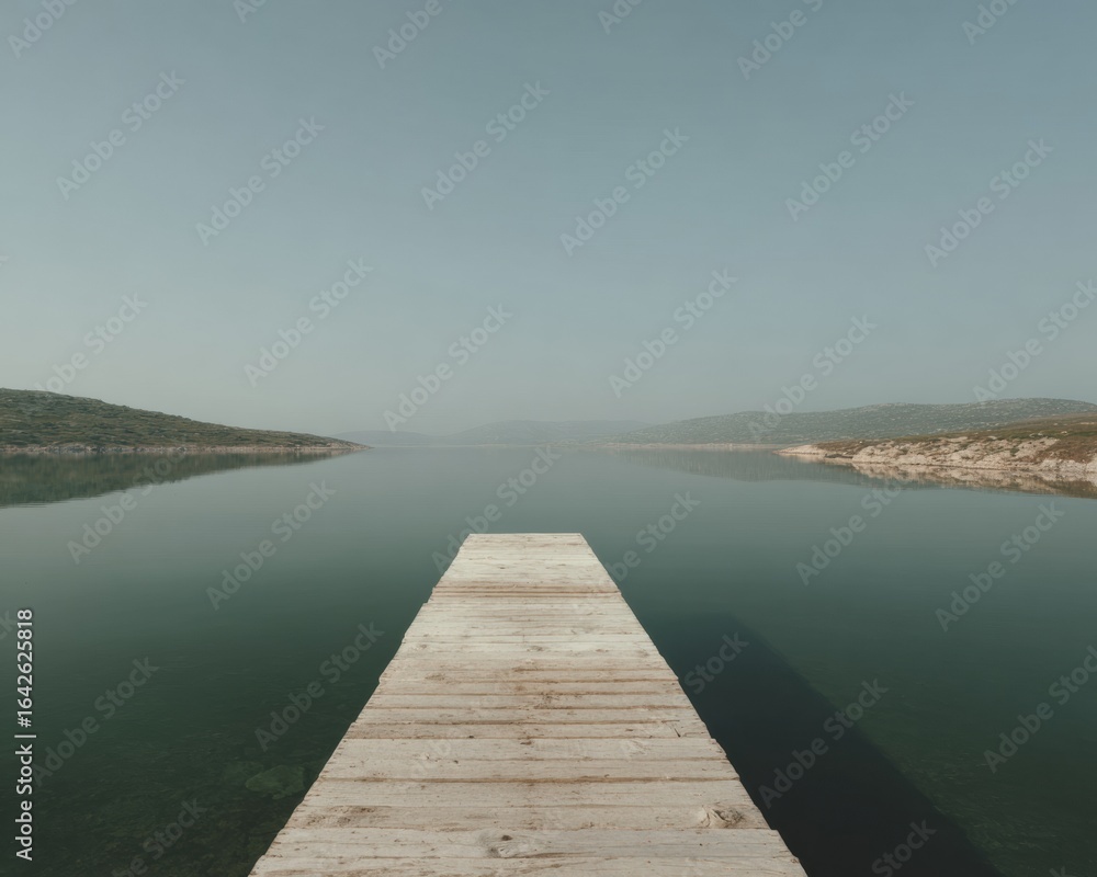 Fototapeta premium Modern Authentic Investor Calm Landscape Premium Financial Planning Concept with Wooden Dock and Lake for Corporate Marketing and Social Media Campaigns