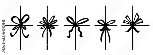 Crayon hand drawn present bows set. Black doodled ribbon bow collection. Brush stroke scribbled elements pack for gift, package, box decoration. Sketched chalk pastel tied knots bundle. Vector